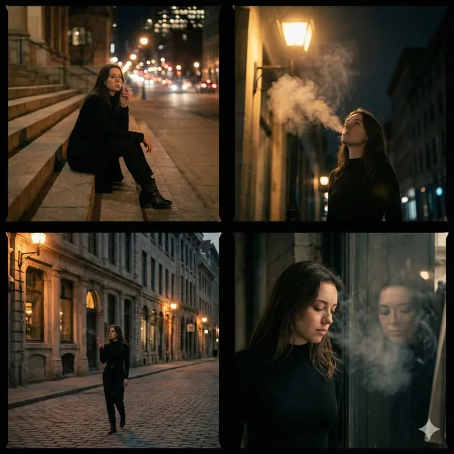 A cinematic 4-panel photo collage showing a quiet, introspective city walk with smoking as a character detail.
