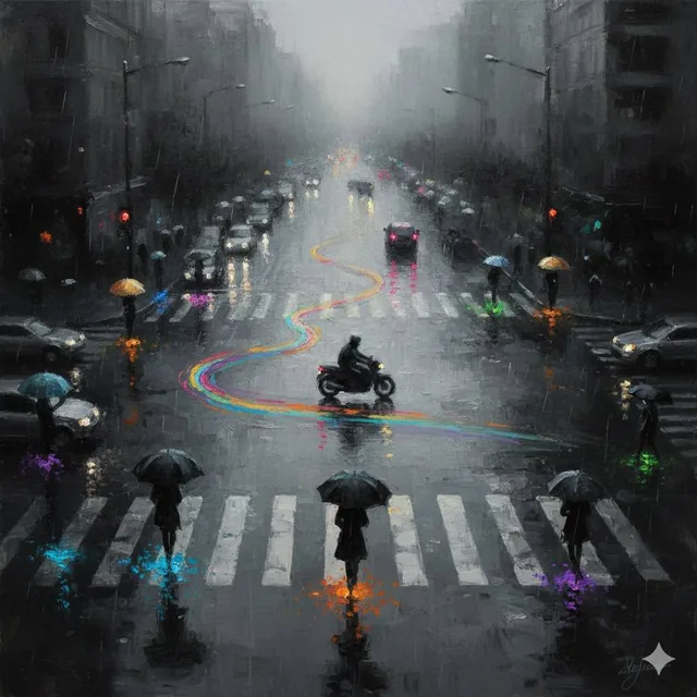 A high-angle, wide-composition Impressionist oil painting of a rainy urban intersection. The scene is primarily monochro
