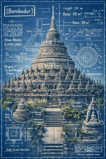 Create an infographic image of [LANDMARK], combining a real photograph of the landmark with blueprint-style technical an
