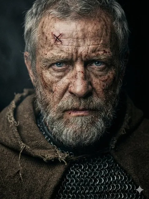 A hyper-realistic, cinematic close-up portrait of a battle-hardened, elderly medieval warrior, facing slightly downward