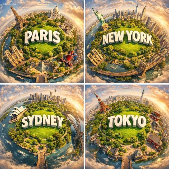 Create a hyperrealistic miniature planet showcasing [CITY] with famous landmarks seamlessly curving around the spherical
