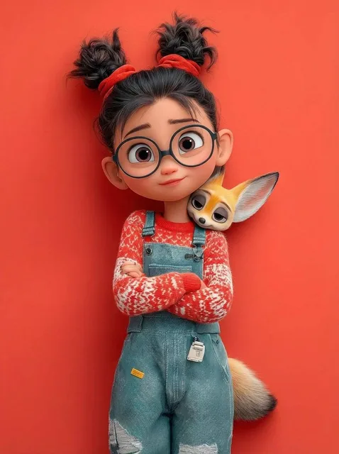 A cute 3D Pixar-style character portrait of a little girl with big expressive eyes and round glasses, soft smooth skin,