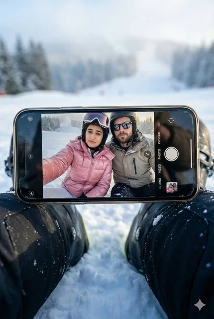 Hyper-realistic vertical winter scene: Couple takes a mirror selfie on snow, iPhone camera UI visible, subjects in ski gear with clear faces, snowy slope background, cinematic ligh