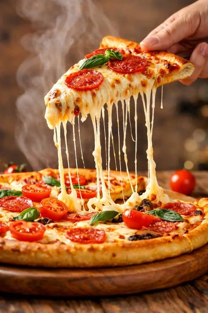A hyper-realistic, cinematic close-up of a freshly baked pepperoni pizza slice being lifted from the pie, with long, dra
