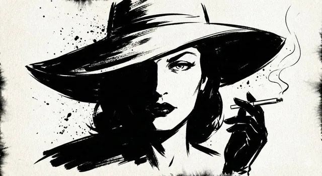 A high-contrast ink noir portrait of [SUBJECT], illustrated entirely with expressive black ink strokes and controlled sp
