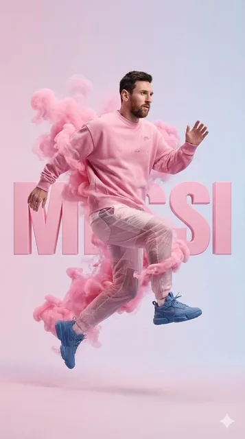 A hyper-realistic studio photograph of a male athlete mid-air as if running or jumping, wearing a pastel pink sweatshirt