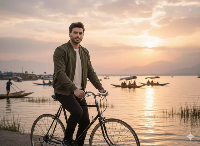 A realistic cinematic photograph of a handsome man riding a bicycle along the edge of Dal Lake at sunset, wearing an oli
