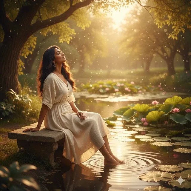 unfolds beside a tranquil pond, where gentle ripples catch the warm, golden sunlight. A young woman sits peacefully on t