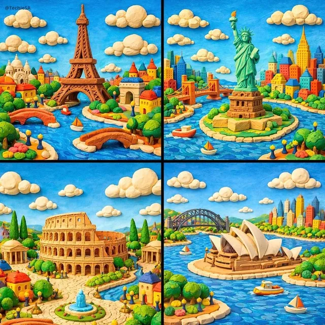 Generate a whimsical miniature world featuring [LANDMARK NAME] crafted entirely from colorful modeling clay. Every eleme