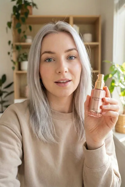 Young woman with fair skin, light silver-blonde shoulder-length hair, natural makeup, soft pink lips, blue eyes, wearing