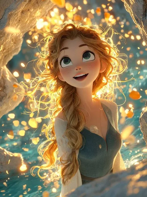 A dreamy, cinematic 3D animated girl with big expressive eyes and soft freckles, warm golden backlighting, long wavy str