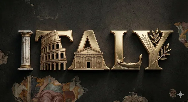 A high-quality 3D metallic typography design of the word [COUNTRY NAME], set against a dark, textured background that co