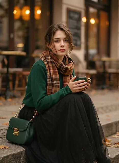 Aesthetic 1970s-inspired fashion portrait of a stylish young woman sitting on outdoor cafe steps, holding a premium orna