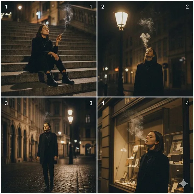 A cinematic 4-panel photo collage showing a quiet, introspective city walk, with smoking as a character detail.