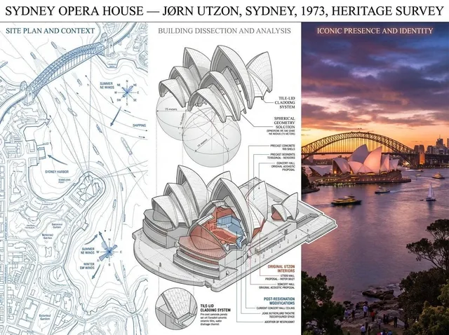 A preservation architect's survey board for [BUILDING / STRUCTURE] — [STYLE / ARCHITECT / PERIOD]. Left section: site pl