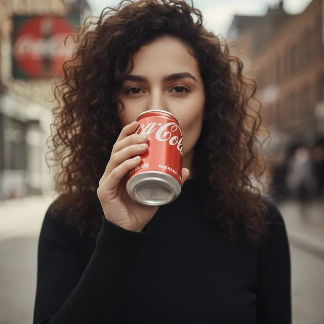 Cinematic lifestyle video shot on a city street with soft background blur. A stylish woman with natural curly hair, wear