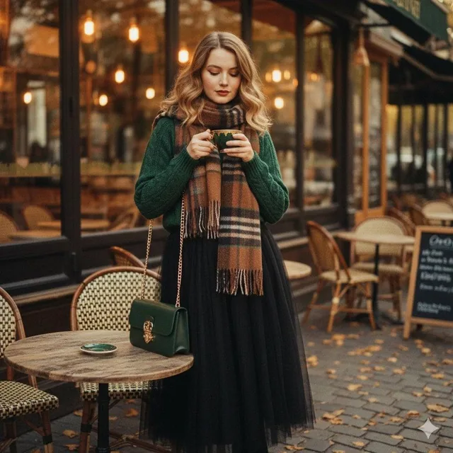 A cinematic 1970s-inspired fashion portrait of a graceful young woman seated on worn stone steps outside a cozy street c