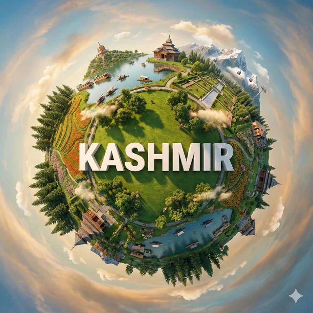 Create a hyper-realistic miniature planet showcasing [KASHMIR] with famous landmarks seamlessly curving around the spher