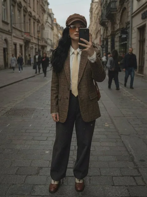A stylish woman taking a mirror selfie on a European cobblestone street, wearing a brown tweed blazer, white shirt with