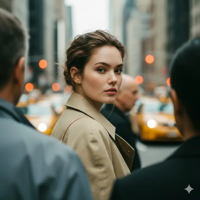 Core Intent: Create a photorealistic candid street-fashion portrait with extreme shallow depth of field where a single w