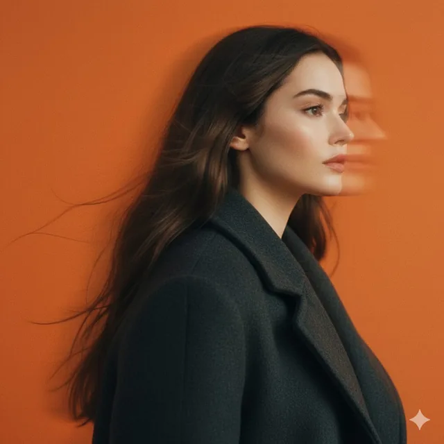 A panning studio portrait of a mysterious female figure captured in side profile, her head subtly turned forward as moti