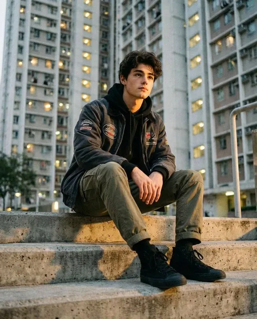 A stylish young man sitting confidently on raw concrete steps inside a dense urban housing complex during golden hour. H
