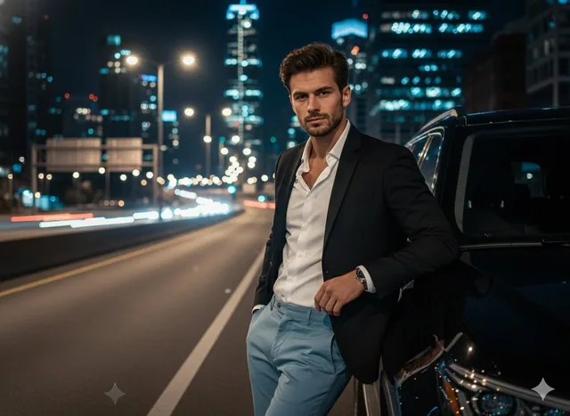 A cinematic night-time urban portrait of a confident, handsome man leaning against a black luxury SUV on a modern city h