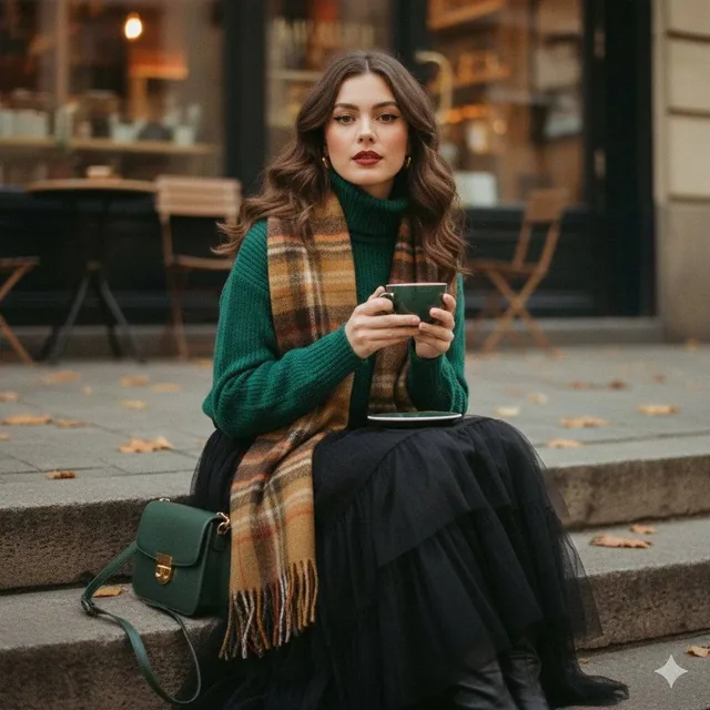 A cinematic 1970s-inspired fashion portrait of a young woman seated on worn stone steps outside a cozy street café. She
