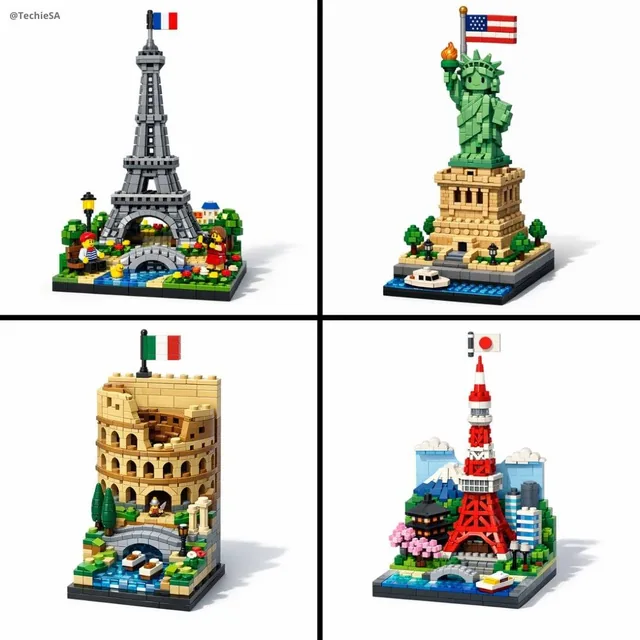 A vertical LEGO diorama showing [LANDMARK], [COUNTRY]). The scene is built entirely from LEGO bricks. A small [COUNTRY]