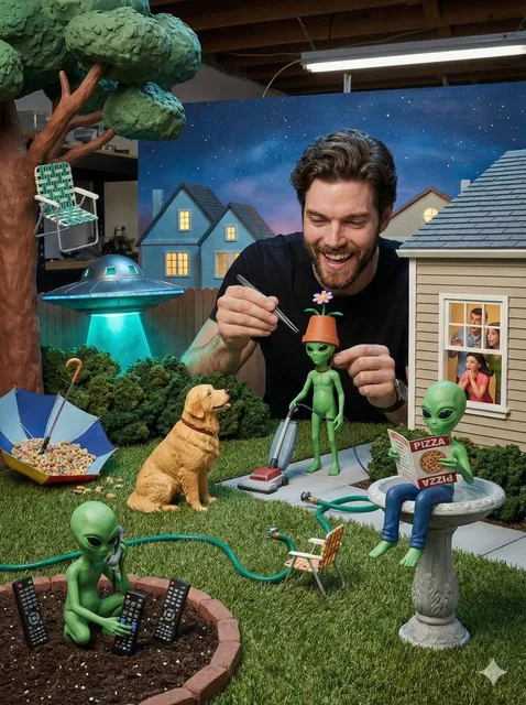 Professional photography, medium-wide shot. A massive, realistic diorama world filling the entire workspace horizon, dep