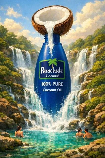 Surreal premium commercial illustration for [BRAND NAME] [OIL TYPE], featuring the product bottle embedded into a massiv