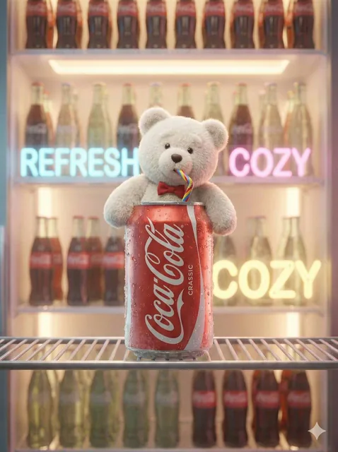 A cute, cinematic brand fantasy scene featuring a fluffy white teddy bear mascot emerging from a chilled soda Coca-Cola