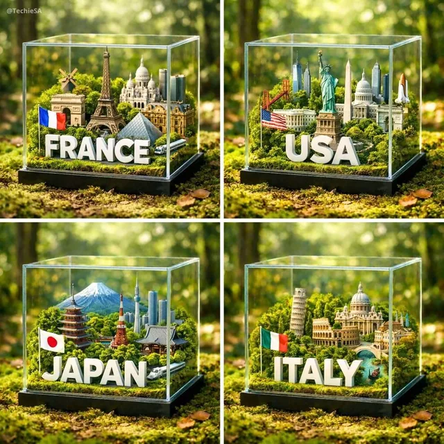 A hyper-realistic 1080x1080 photograph of a glass cube diorama placed on a lush, mossy forest floor with dappled sunligh