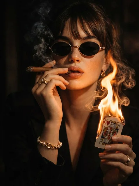 A cinematic, moody portrait of a stylish women in dark suit and oval sunglasses, smoking a thin medium cigar while holdi