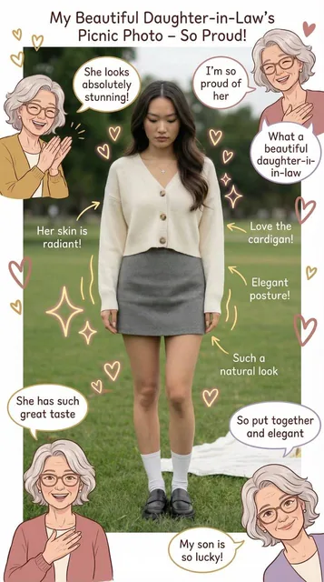 A proud and loving mother-in-law admiringly assesses her daughter-in-law, highlighting her beauty, elegant style, and confident presence with warm, appreciative commentary.