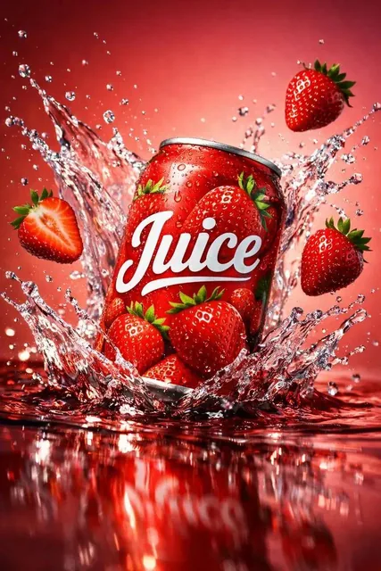 Ultra-realistic cinematic beverage product photography of a vibrant red aluminum juice can captured from a dramatic top-