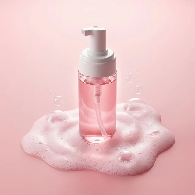Premium minimalist skincare product photography. A translucent pink liquid cleanser bottle with a white pump dispenser p