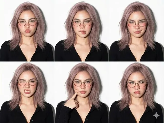 A professional photo collage in a 2x3 grid layout featuring six different headshots of a handsome woman. She has messy h