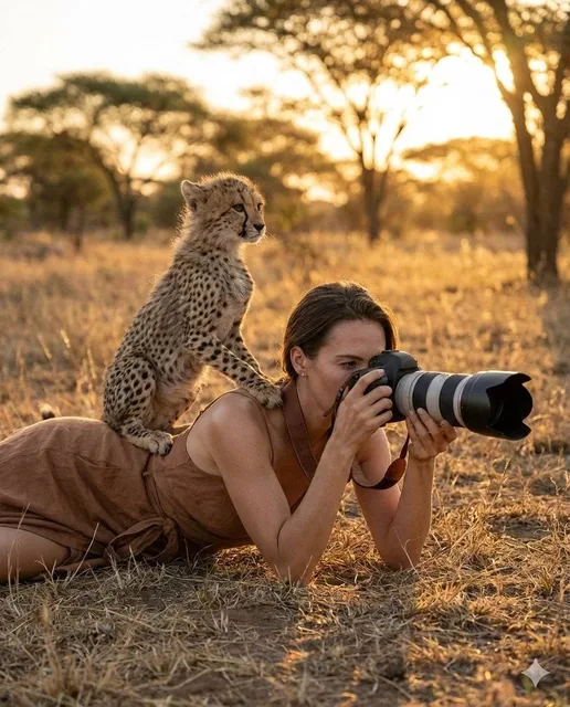 Ultra-realistic wildlife photography scene: An elegant woman in a minimal earthy-toned wrap dress with thin straps, lyin