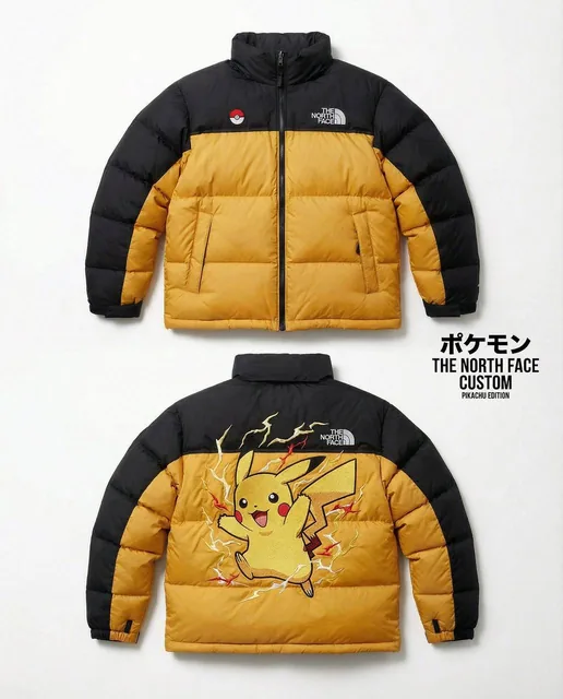 High-end editorial product shot of a custom The North Face Nuptse 700 puffer jacket inspired by [POKEMON].