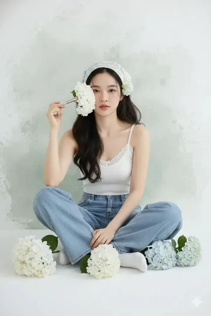A high-resolution studio portrait of a young East Asian woman with long, wavy dark hair sitting cross-legged on a white