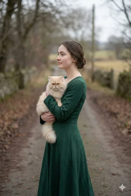 portrait of a young woman in her early 20s walking calmly on a beautiful road, holding a small Persian cat gently in her
