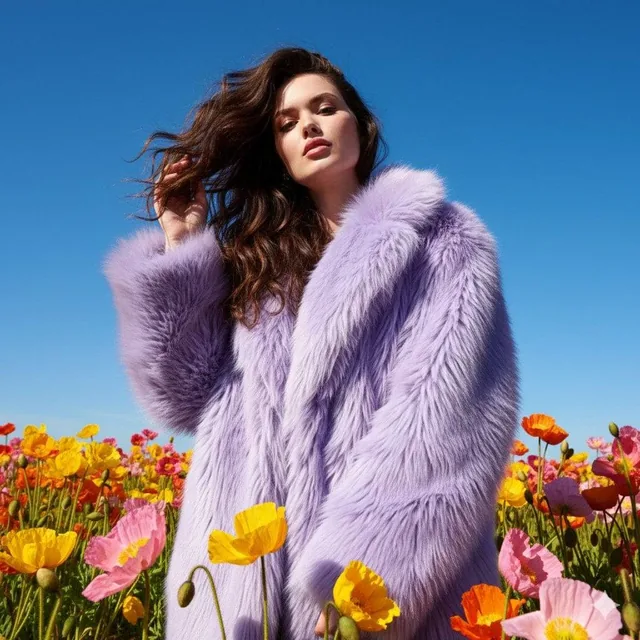 Create an eye-catching outdoor fashion portrait in a lively flower meadow under bright daylight. Capture the shot with a