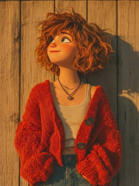 1. A stylized 3D animated girl with short messy curly ginger hair, light freckles across her cheeks and nose, soft green