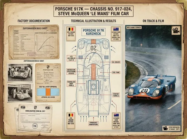 A marque historian's documentation board for [VEHICLE] — [MODEL / VARIANT / YEAR]. Left section: factory documentation i