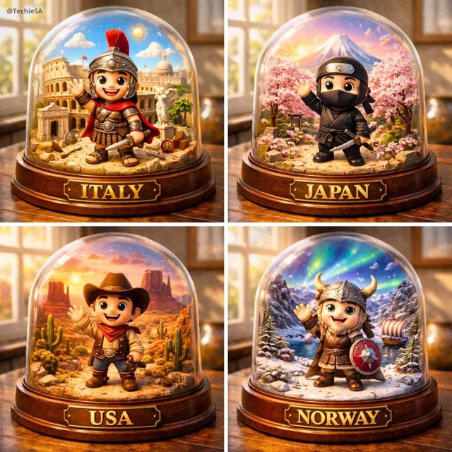 Create a highly detailed, hyper-realistic image of a miniature diorama inside a glass dome, placed on a wooden table nea