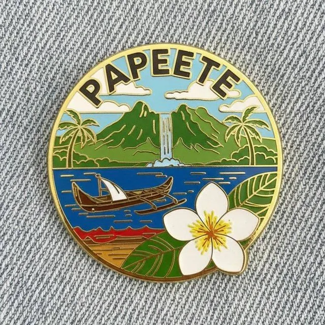 Close-up photo of a collectible enamel pin of [CITY], gold-plated metal edges, polished finish. Flat vector design featu