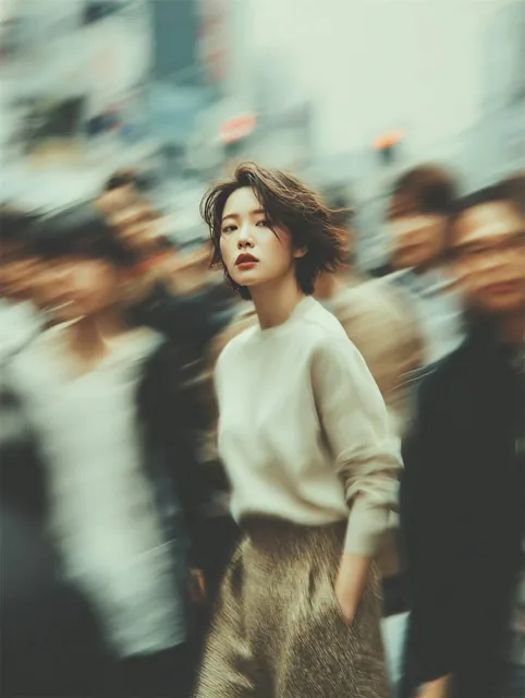 A cinematic street portrait of a young woman standing still in a busy urban crowd, captured with motion blur all around