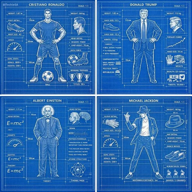 A detailed technical blueprint illustration of [CHARACTER], drawn in blueprint style on a blue grid background with prec