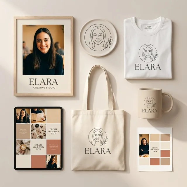 A clean, modern personal branding mockup featuring a cohesive visual identity for a female creator or entrepreneur. The